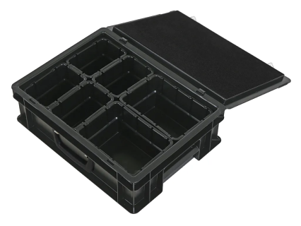 Koffer met inzetbakken &nbsp;400 x 300 x H 133 mm &nbsp;zwart &nbsp;| &nbsp;2 x inzetbak 1/4 en 4 x inzetbak 1/8