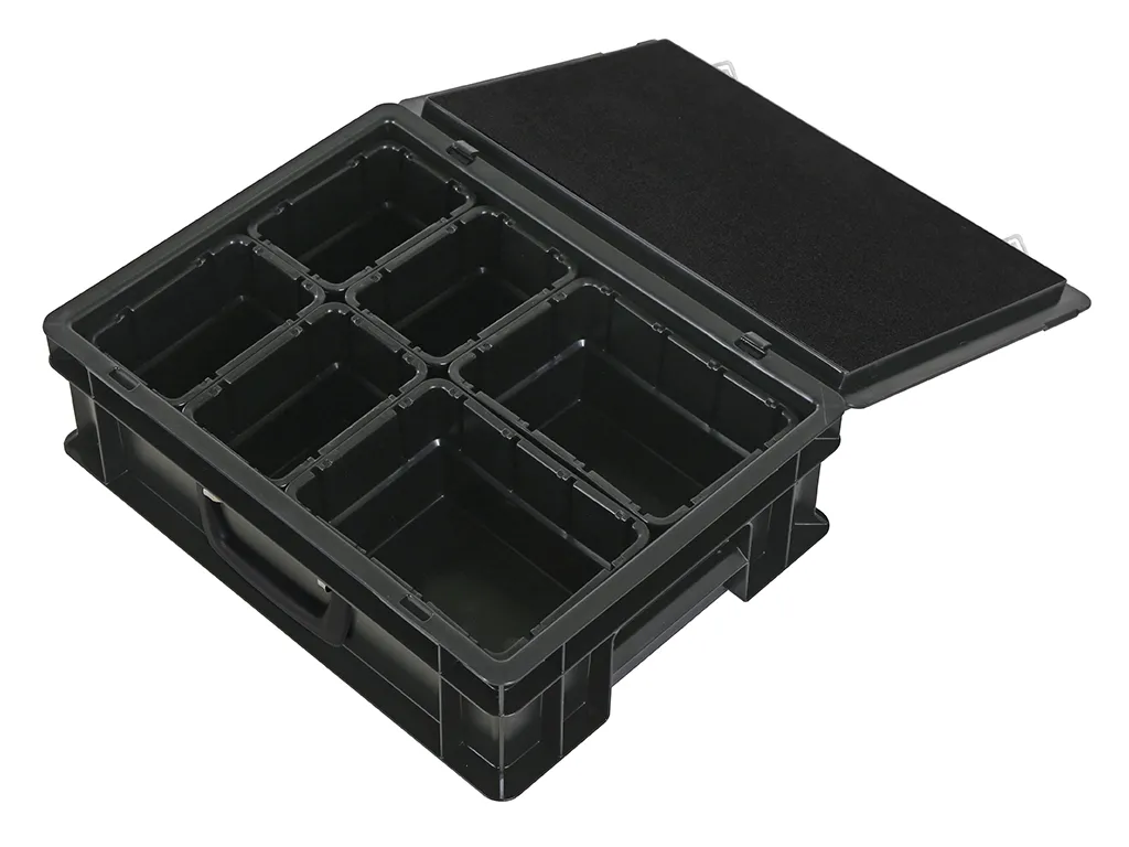 Case with insert trays - 400 x 300 x H 133 mm - black | 2 x insert tray 1/4 and 4 x insert tray 1/8