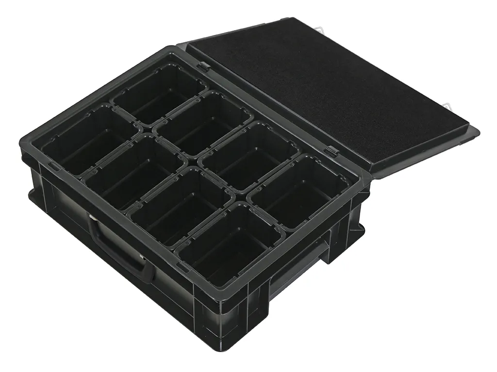 Koffer met inzetbakken  400 x 300 x H 133 mm  zwart  |  8 x inzetbak 1/8