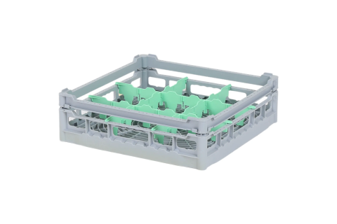 Casier &agrave; verres de 500x500mm - hauteur de verre maximale 110 mm - avec s&eacute;paration verte en 3x3 compartiments - diam&egrave;tre de verre maximal 149mm