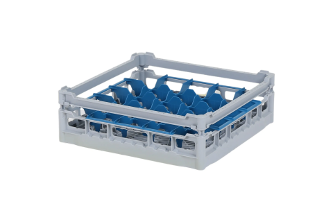 Casier &agrave; verres de 500x500mm - hauteur de verre maximale 120 mm - avec s&eacute;paration bleue en 5x5 compartiments - diam&egrave;tre de verre maximal 90mm