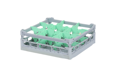 Casier &agrave; verres de 500x500mm - hauteur de verre maximale 135 mm - avec s&eacute;paration verte en 3x3 compartiments - diam&egrave;tre de verre maximal 149mm