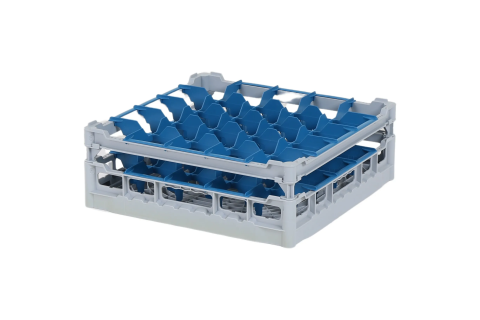 Casier &agrave; verres de 500x500mm - hauteur de verre maximale 135 mm - avec s&eacute;paration bleue en 5x5 compartiments - diam&egrave;tre de verre maximal 90mm