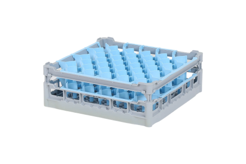 Casier &agrave; verres de 500x500mm - hauteur de verre maximale 135 mm - avec une division de 44 compartiments bleus - diam&egrave;tre de verre maximal 67mm