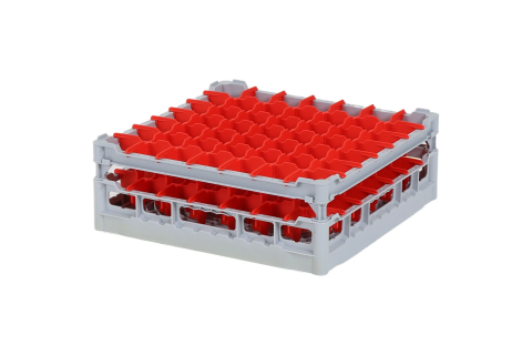Casier &agrave; verres de 500x500mm - hauteur de verre maximale 135 mm - avec une division de 7x7 compartiments rouges - diam&egrave;tre de verre maximal 63mm