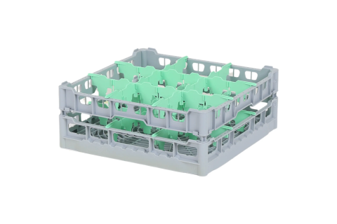 Casier &agrave; verres de 500x500mm - hauteur de verre maximale 150 mm - avec s&eacute;paration verte en 3x3 compartiments - diam&egrave;tre de verre maximal 149mm