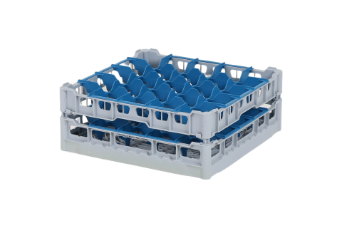 Casier &agrave; verres de 500x500mm - hauteur de verre maximale 150 mm - avec s&eacute;paration bleue en 5x5 compartiments - diam&egrave;tre de verre maximal 90mm