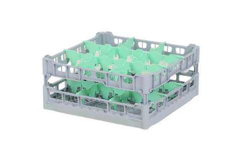 Casier &agrave; verres de 500x500mm - hauteur de verre maximale 210 mm - avec s&eacute;paration verte en 3x3 compartiments - diam&egrave;tre de verre maximal 149mm