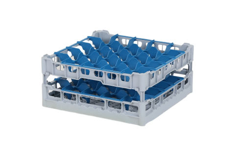 Casier &agrave; verres de 500x500mm - hauteur de verre maximale 210 mm - avec s&eacute;paration bleue en 5x5 compartiments - diam&egrave;tre de verre maximal 90mm