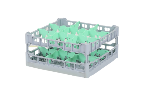 Casier &agrave; verres de 500x500mm - hauteur de verre maximale 225 mm - avec s&eacute;paration verte en 3x3 compartiments - diam&egrave;tre de verre maximal 149mm
