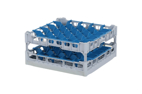 Casier &agrave; verres de 500x500mm - hauteur de verre maximale 225 mm - avec s&eacute;paration bleue en 5x5 compartiments - diam&egrave;tre de verre maximal 90mm