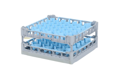 Casier &agrave; verres de 500x500mm - hauteur de verre maximale 225 mm - avec une division de 44 compartiments bleus - diam&egrave;tre de verre maximal 67mm
