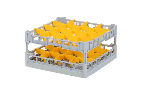 Casier &agrave; verres de 500x500mm - hauteur de verre maximale 240 mm - avec s&eacute;paration jaune en 4x4 compartiments - diam&egrave;tre de verre maximal 113mm