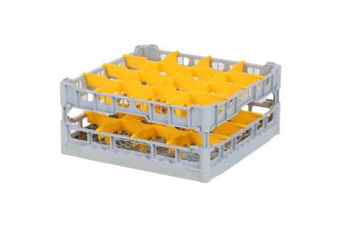 Casier &agrave; verres de 500x500mm - hauteur de verre maximale 195 mm - avec s&eacute;paration jaune en 4x4 compartiments - diam&egrave;tre de verre maximal 113mm