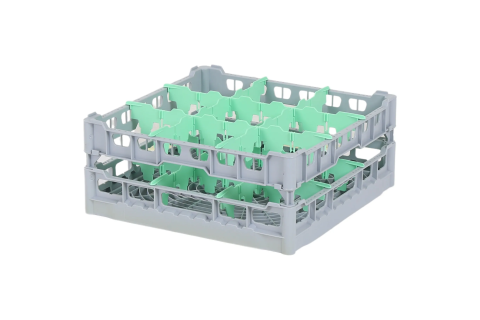 Casier &agrave; verres de 500x500mm - hauteur de verre maximale 180 mm - avec s&eacute;paration verte en 3x3 compartiments - diam&egrave;tre de verre maximal 149mm