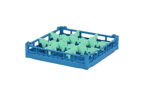 Casier &agrave; verres de 500x500mm bleu &ndash; hauteur maximale du verre 73 mm &ndash; avec une compartimentation verte de 3 x 3 &ndash; &Oslash; de verre maximal 149mm