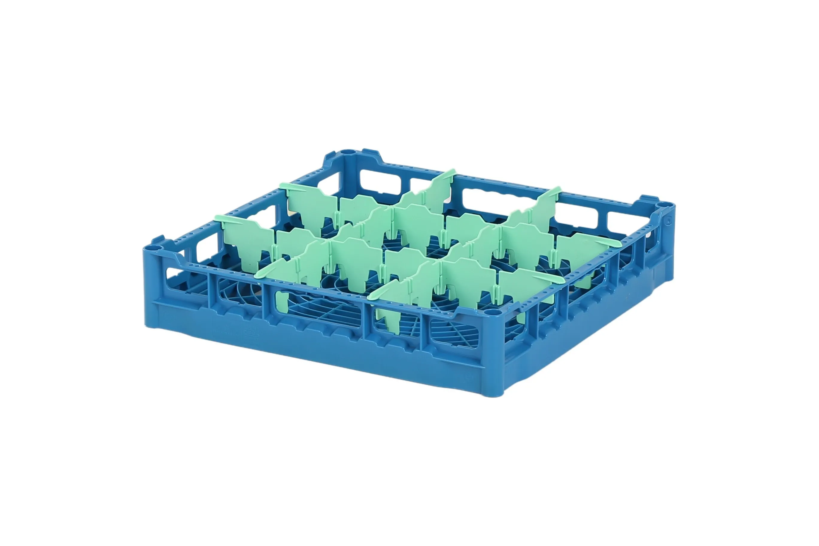 Glass basket 500x500mm blue – maximum glass height 73 mm – with green 3 x 3 compartmentalization – maximum Ø glass 149mm