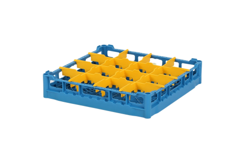 Casier &agrave; verres de 500x500mm bleu &ndash; hauteur maximale du verre 73 mm &ndash; avec une compartimentation jaune 4 x 4 &ndash; &Oslash; de verre maximal 113mm
&nbsp;