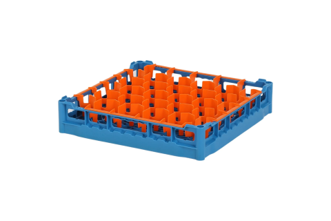 Casier &agrave; verres de 500x500mm blue - hauteur maximale du verre 73 mm - avec une compartimentation orange en 30 compartiments - &Oslash; de verre maximal 81mm