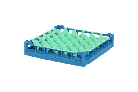 Casier &agrave; verres de 500x500mm bleu - hauteur maximale du verre 73 mm - avec une compartimentation verte en 6x6 - &Oslash; de verre maximal 74mm