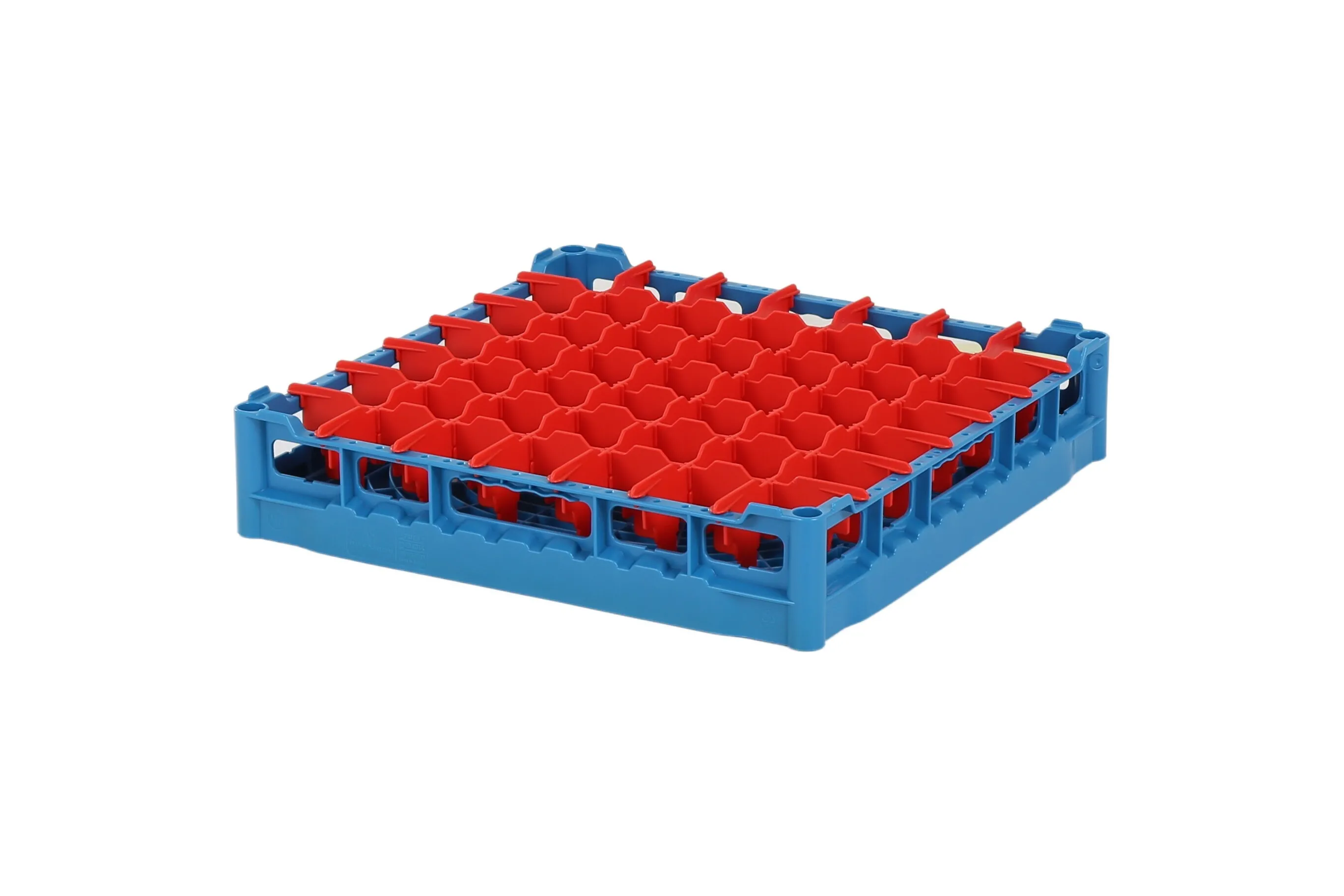 Glass basket 500x500mm blue - maximum glass height 73 mm - with red 7x7 compartment division - maximum glass diameter 63mm