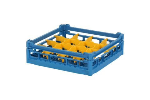Casier &agrave; verres de 500x500mm bleu &ndash; hauteur maximale du verre 110 mm &ndash; avec une compartimentation jaune 4 x 4 &ndash; &Oslash; de verre maximal 113mm &nbsp;