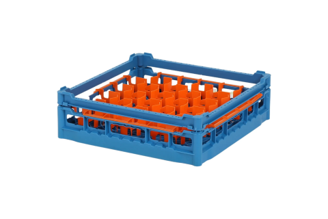 Casier &agrave; verres de 500x500mm blue - hauteur maximale du verre 110 mm - avec une compartimentation orange en 30 compartiments - &Oslash; de verre maximal 81mm