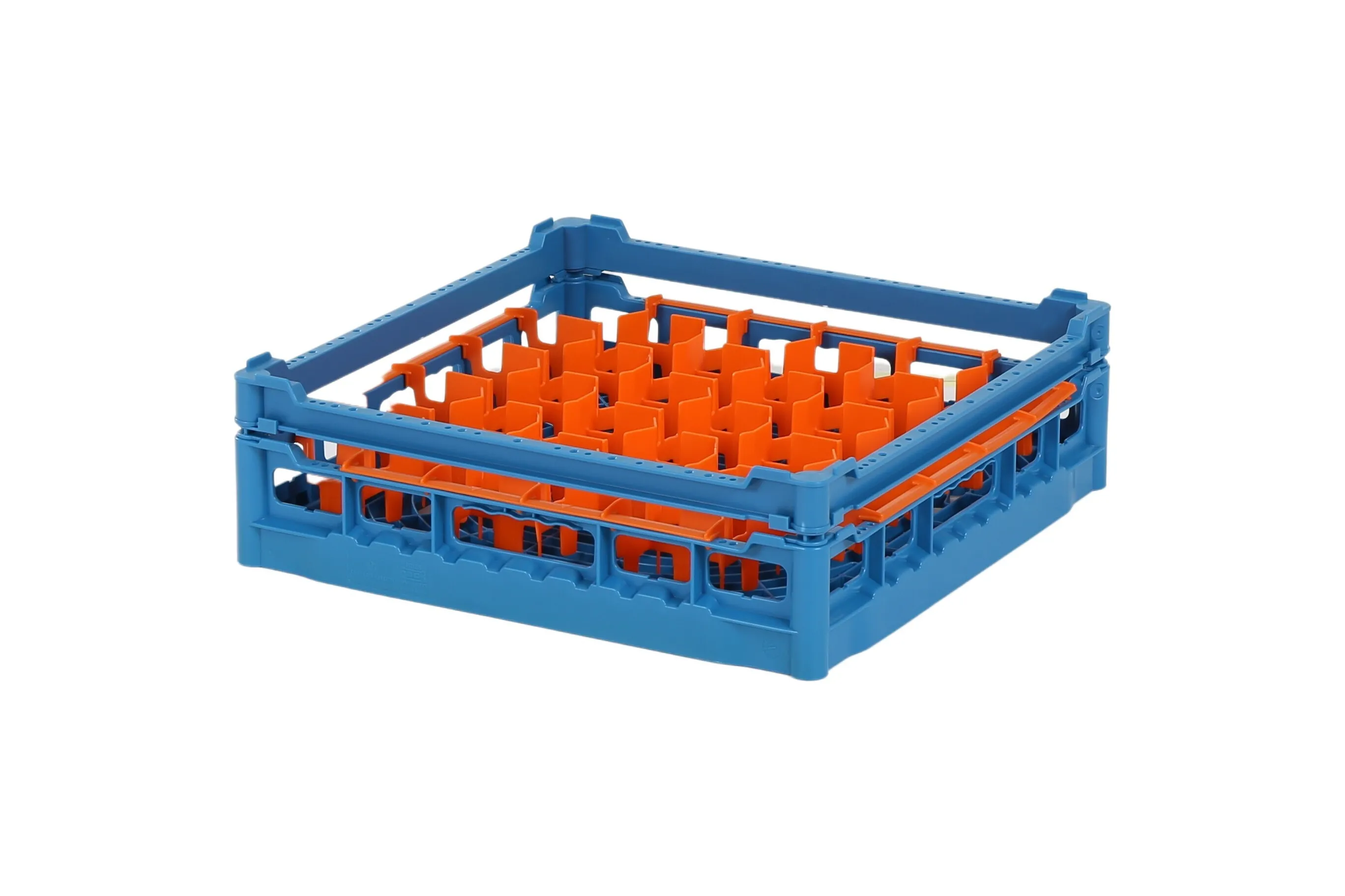 Glass basket 500x500mm blue - maximum glass height 110 mm - with orange 30-compartment division - maximum glass Ø 81mm