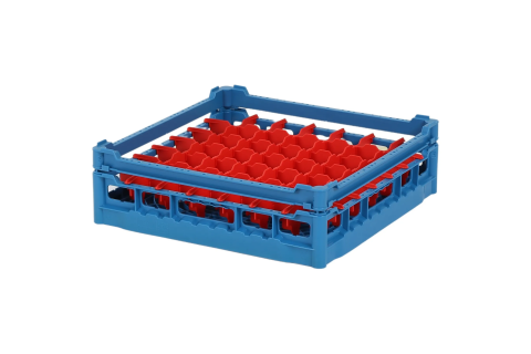 Casier &agrave; verres de 500x500mm bleu - hauteur de verre maximale 110 mm - avec s&eacute;paration rouge en 7x7 compartiments - diam&egrave;tre de verre maximal 63mm