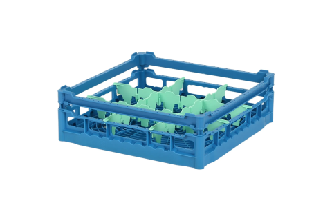 Casier &agrave; verres de 500x500mm bleu &ndash; hauteur maximale du verre 120 mm &ndash; avec une compartimentation verte de 3 x 3 &ndash; &Oslash; de verre maximal 149mm