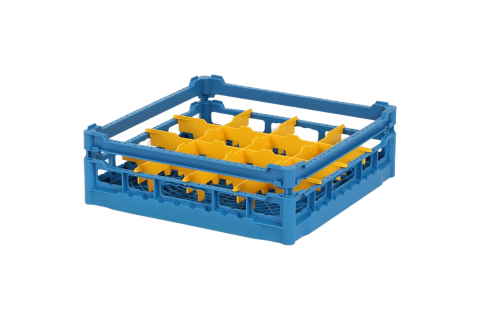 Gl&auml;serkorb 500x500mm blau - maximale Glash&ouml;he 120 mm - mit gelber 4x4 Facheinteilung - maximaler Glasdurchmesser 113mm