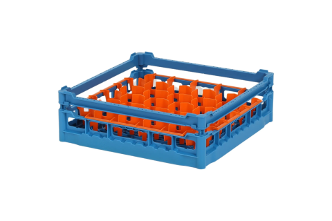 Gl&auml;serkorb 500x500mm blau - maximale Glash&ouml;he 120 mm - mit orangener 30-Facheinteilung - maximales Glas-&Oslash; 81mm