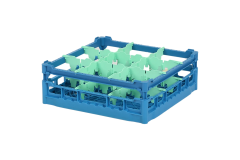 Gl&auml;serkorb 500x500mm blau &ndash; maximale Glash&ouml;he 135 mm &ndash; mit gr&uuml;ner 3 x 3 Facheinteilung &ndash; maximales &Oslash; Glas 149mm