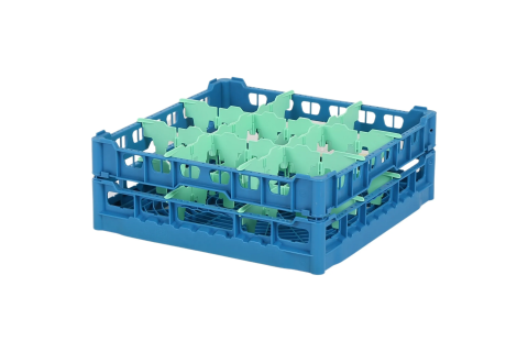Gl&auml;serkorb 500x500mm blau &ndash; maximale Glash&ouml;he 140 mm &ndash; mit gr&uuml;ner 3 x 3 Facheinteilung &ndash; maximales &Oslash; Glas 149mm