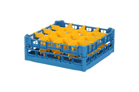 Gl&auml;serkorb 500x500mm blau - maximale Glash&ouml;he 140 mm - mit gelber 4x4 Facheinteilung - maximaler Glasdurchmesser 113mm