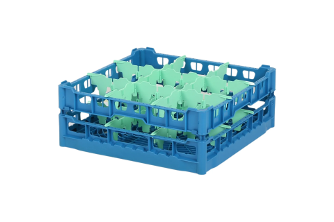 Gl&auml;serkorb 500x500mm blau &ndash; maximale Glash&ouml;he 150 mm &ndash; mit gr&uuml;ner 3 x 3 Facheinteilung &ndash; maximales &Oslash; Glas 149mm