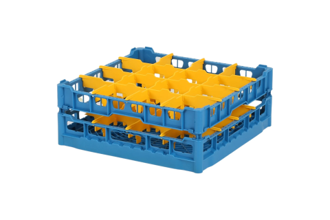 Gl&auml;serkorb 500x500mm blau - maximale Glash&ouml;he 150 mm - mit gelber 4x4 Facheinteilung - maximaler Glasdurchmesser 113mm