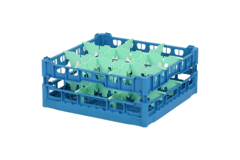 Gl&auml;serkorb 500x500mm blau &ndash; maximale Glash&ouml;he 165 mm &ndash; mit gr&uuml;ner 3 x 3 Facheinteilung &ndash; maximales &Oslash; Glas 149mm