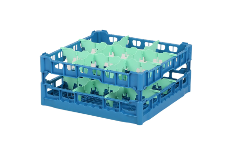 Gl&auml;serkorb 500x500mm blau &ndash; maximale Glash&ouml;he 180 mm &ndash; mit gr&uuml;ner 3 x 3 Facheinteilung &ndash; maximales &Oslash; Glas 149mm