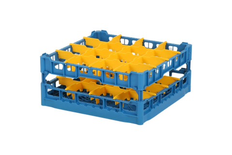 Gl&auml;serkorb 500x500mm blau - maximale Glash&ouml;he 180 mm - mit gelber 4x4 Facheinteilung - maximaler Glasdurchmesser 113mm