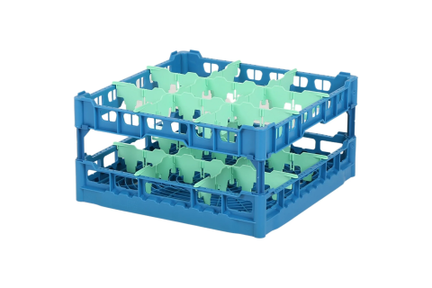 Gl&auml;serkorb 500x500mm blau &ndash; maximale Glash&ouml;he 225 mm &ndash; mit gr&uuml;ner 3 x 3 Facheinteilung &ndash; maximales &Oslash; Glas 149mm