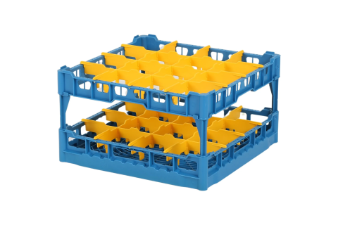 Glass basket 500x500mm blue - maximum glass height 240 mm - with yellow 4x4 compartmentalization - maximum glass diameter 113mm