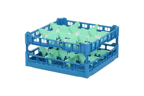 Gl&auml;serkorb 500x500mm blau &ndash; maximale Glash&ouml;he 210 mm &ndash; mit gr&uuml;ner 3 x 3 Facheinteilung &ndash; maximales &Oslash; Glas 149mm