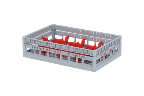 Clixrack Gl&auml;serkorb 600 x 400 mm grau - Glash&ouml;he max. 115 mm - mit roter 2 x 4 Facheinteilung - maximales &Oslash; Glas 134mm&nbsp;
