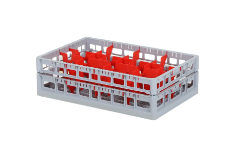 Clixrack Glass basket 600 x 400 mm gray - glass height max. 145 mm - with red 2 x 4 compartment division - maximum &Oslash; glass 134mm&nbsp;