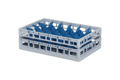 Clixrack Glass basket 600 x 400 mm gray - glass height max. 145 mm - with blue 4 x 6 compartment division - maximum &Oslash; glass 88 mm&nbsp;