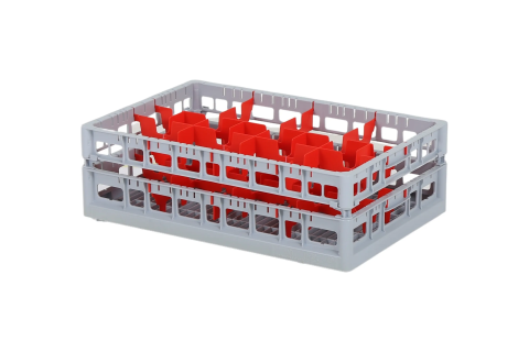 Clixrack Glass basket 600 x 400 mm gray - glass height max. 155 mm - with red 2 x 4 compartment division - maximum &Oslash; glass 134mm&nbsp;