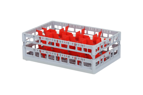 Clixrack Glass basket 600 x 400 mm gray - glass height max. 170 mm - with red 2 x 4 compartment division - maximum &Oslash; glass 134mm&nbsp;