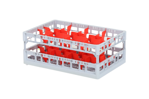 Clixrack Glass basket 600 x 400 mm gray - glass height max. 215 mm - with red 2 x 4 compartment division - maximum &Oslash; glass 134mm&nbsp;