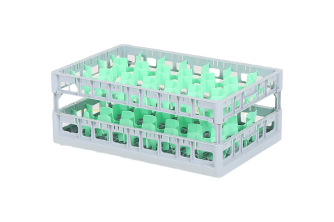 Clixrack Glass basket 600 x 400 mm gray - glass height max. 215 mm - with green 33-section compartment division - maximum &Oslash; glass 77 mm - wide top frame